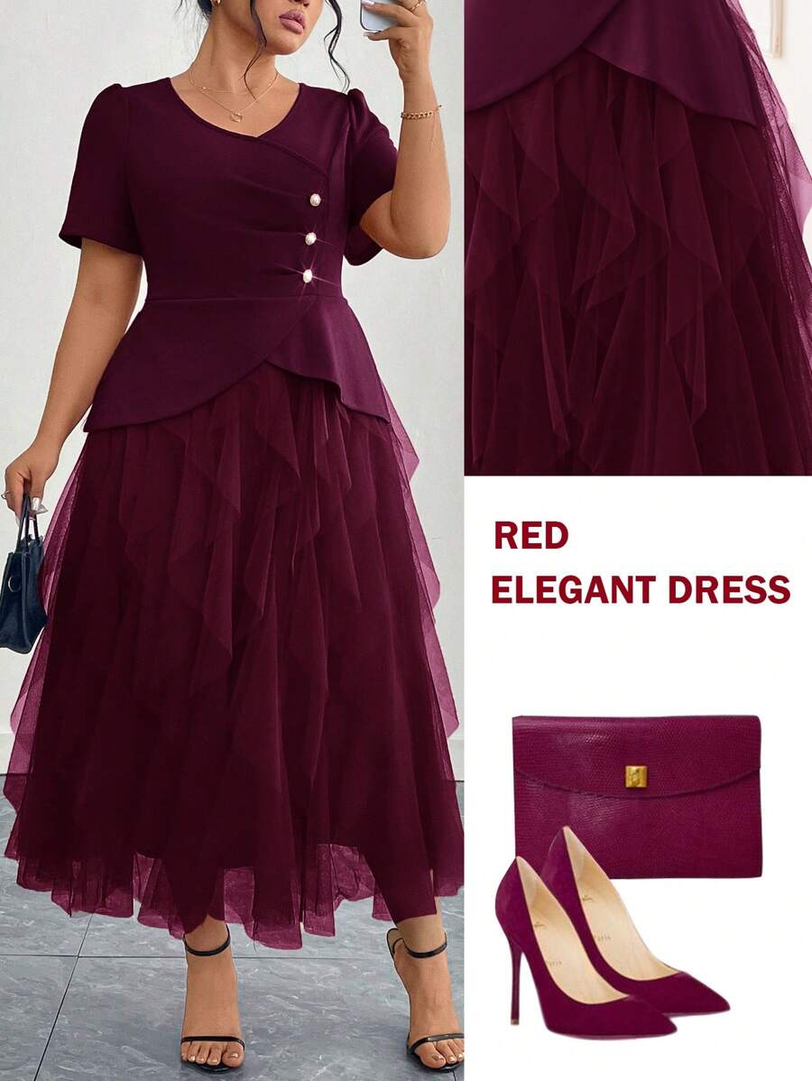 Ellevyn Plus Size Women Button Decor Short Sleeve Mesh Hem Elegant Dress,Wedding Guest Dress Plus Size Elegant Dress Burgundy Tulle Dress - Burgundy - View 1