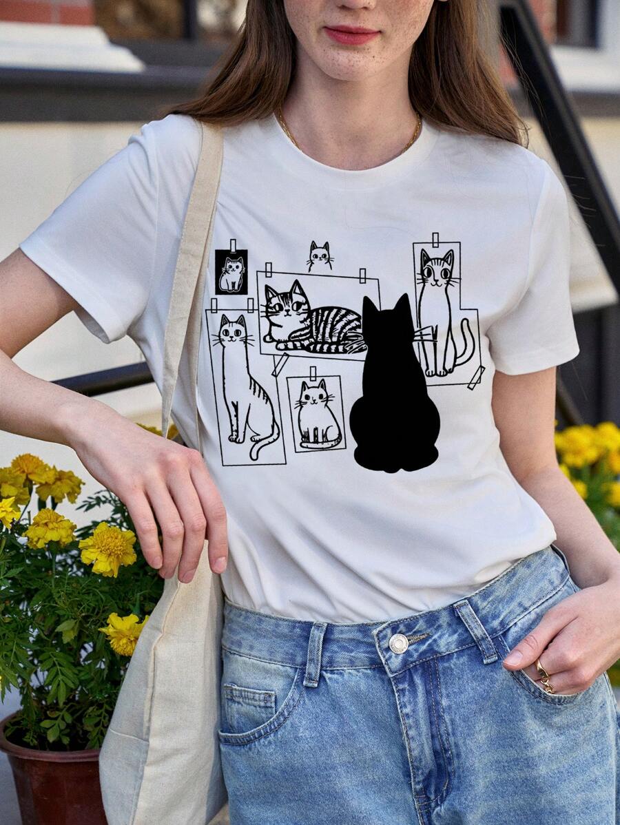 INAWLY Cat Gallery T-Shirt, This Is Art, This Is Artist Cat Shirt Art Cat Graphic TeeT-Shirt, Cat Art Shirt, Suitable For Cat Lovers, Cute Cat Print Round Neck Short Sleeve Women's T-Shirt - White - View 1