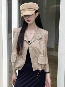 Livesso Women's Summer Sleeveless Loose Fit Pocket Decor Regular Jacket Vest Women Coats
