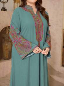 Al Najma Plus Size Embroidered Notched Neck Arabic Style Dress For Women, Plus Size Kaftan & Jalabiya,Modest - Green - View 5