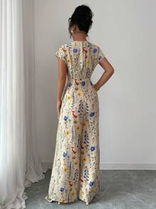 Elenzga Mono estampado de color albaricoque de estilo casual de vacaciones con escote en V y cintura ceñida para mujeres