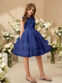 SHEIN Wedding Flower Girl New Style Girls Princess Tulle Puffy Dress, Vest Piano Performance Costume - Navy Blue - View 7