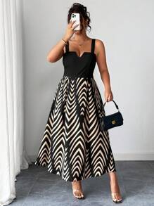 Elenzga Plus Size Summer Elegant Printed Patchwork Cami Dress - Multicolor - View 3