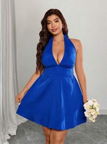 Elenzga Vestido azul elegante y sexy para mujer de talla grande, de estilo sencillo y fresco, con diseño de corbata en el cuello, adecuado para vacaciones y viajes - Azul - Ver 5