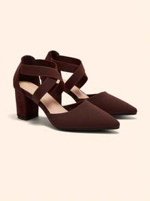 CUCCOO BASICS Fashion Elastic Band Ankle Strap Pointed Toe Chunky High Heel Pumps, Suitable For Commuting, Dating, Party, Wedding, Holiday For Christmas Spring Shoes - Brown - View 3