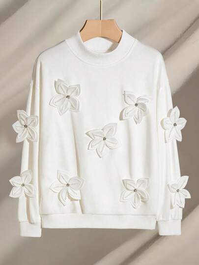 SHEIN LUNE 女式宽松落肩运动衫，装饰花朵，针织面料，休闲时尚日常穿搭套头衫秋季