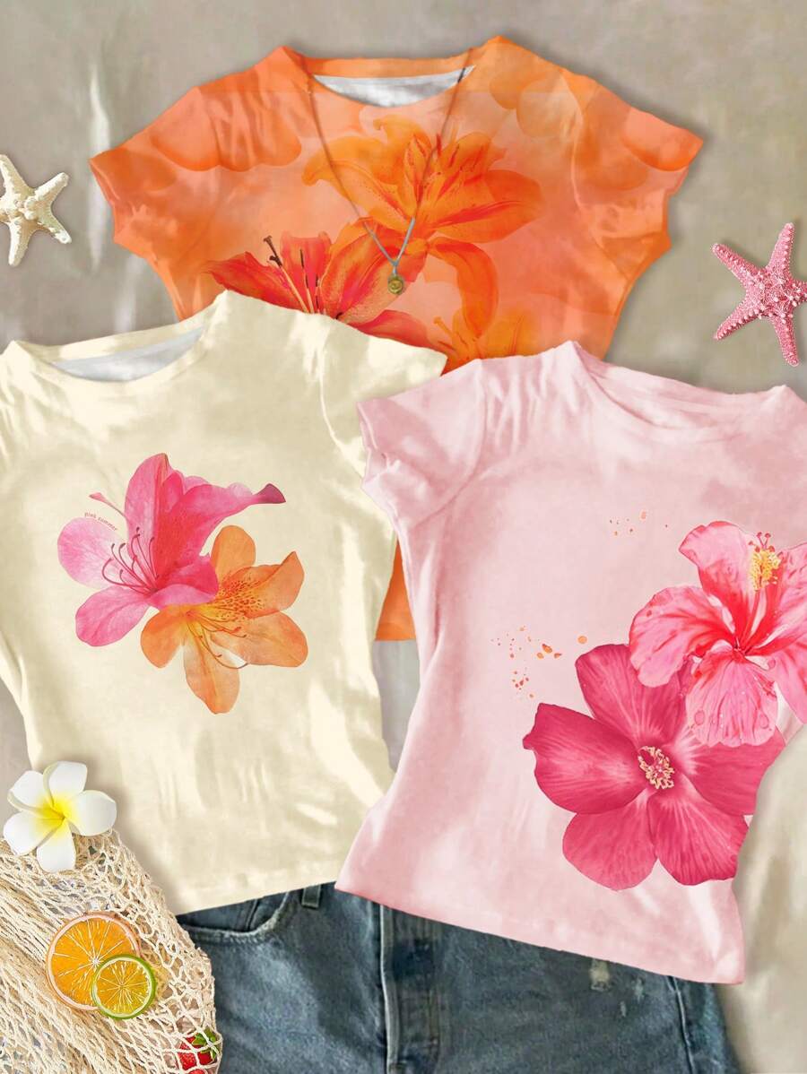 SHEIN 3 件套 Chill Vacation，Vacay Vibes 热带花卉芙蓉和鸡蛋花图案短款上衣，适合少女，休闲圆领短袖高腰夏季上衣，多巴胺配色方案：奶油黄、亮粉色、亮橙色 - 彩色 - 查看 1