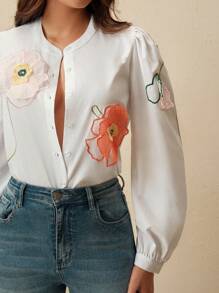 Anewsta Blusa de manga larga de cuello redondo, estilo casual suelto, con diseño de flores 3D bordadas, estilo resort de primavera/verano