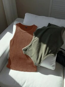 Comfortcana 女士休闲基本款棉质针织短款上衣和下装套装，双色，适合夏季