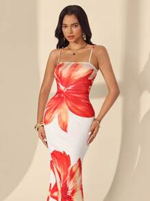 Almamuse 女士浪漫长款花卉印花细肩带连衣裙，假日风格 - 彩色 - 查看 6