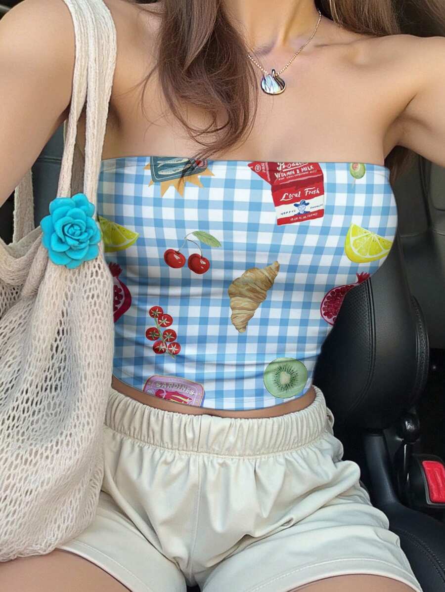 INAWLY 女士露肩 Y2K 水果印花格纹休闲露背上衣，甜美时尚礼物