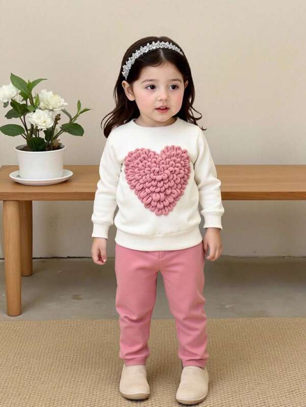 SHEIN Baby Girl Newborn To 3 Years Old Cute & Funny Heart Design Long Sleeve Sweatshirt & Leggings Set, Daily Versatile Infant Toddler Autumn/Winter Outfit