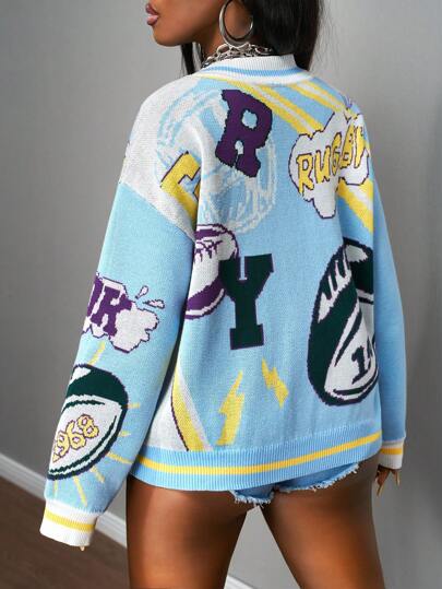 Slaydiva New Early Autumn Casual Street Retro College Style Daily Dating V-Neck Drop Shoulder Long Sleeve Loose Full Blue Bottom Rugby Digital Slogan Logo Pattern Cardigan, Y2k