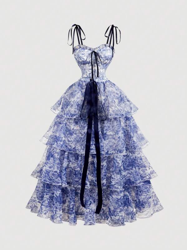 SHEIN MOD Vintage Floral Print Layered Ruffle Hem Bowknot Shoulder Elegant Reversible Flared Dress, Blue & White