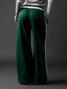 Missguided x Playboy Retro Wide Leg Sweatpants With Side Stripes Winter Lounge Pants Drawstring Waistband Comfortable Everyday Wear - Green - View 2