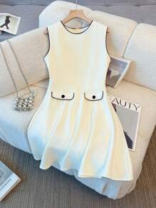 Franclia 女士优雅黑白撞色无袖装饰口袋可爱中长连衣裙，适合通勤