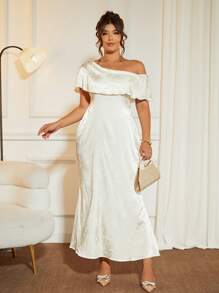 SHEIN PETITE Đầm dạ hội in họa tiết thanh lịch ôm sát eo cỡ lớn cho nữ - trắng - Xem 4