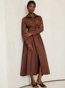 Aveloria Modichic 法式高腰修身夸张纽扣长袖超长衬衫裙女 - 咖啡棕 - 查看 3