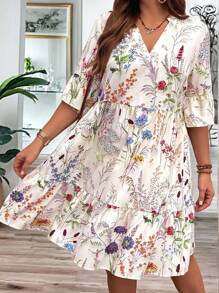 SHEIN Clasi 大码女式夏季树枝花卉V领娃娃裙荷叶边下摆宽松休闲连衣裙 - 杏色 - 查看 3