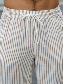 Manfinity Homme 男士条纹印花口袋抽绳腰时尚裤 - 卡其色 - 查看 3