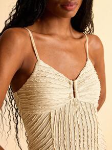 CAJUNI Women's Vacation Khaki Knitted Textured Fabric Front Metal Accent Strappy Splicing Semi-Sheer Chiffon Long Dress, Suitable For Summer Vacation And Dates - Khaki - View 8
