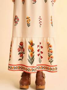 CAJUNI Women's Holiday Boho Colorful Tropical Floral Print With Spaghetti Straps Back Elastic Waist A-Line Summer Beige Holiday Long Dress