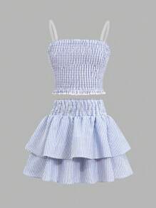 Tween Girl Casual Striped Tube Top & Ruffle Hem Skirt 2 Pieces Set - Brown - View 3