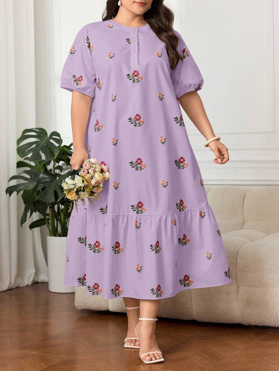 Mulvari Plus Floral Print Ruffle Hem Smock Dress For Holiday, Maxi Dress Perfect For Beach/Casual/Vacation/Homewear - Purple - View 1