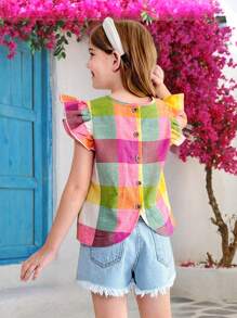 Young Girl Woven Plaid Ruffled Collar Casual Blouse - Multicolor - View 1