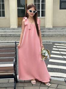 SHEIN 少女粉色休闲褶饰腰部蝴蝶结宽松长裙，波西米亚风，海滩，度假，音乐节 - 粉色 - 查看 4