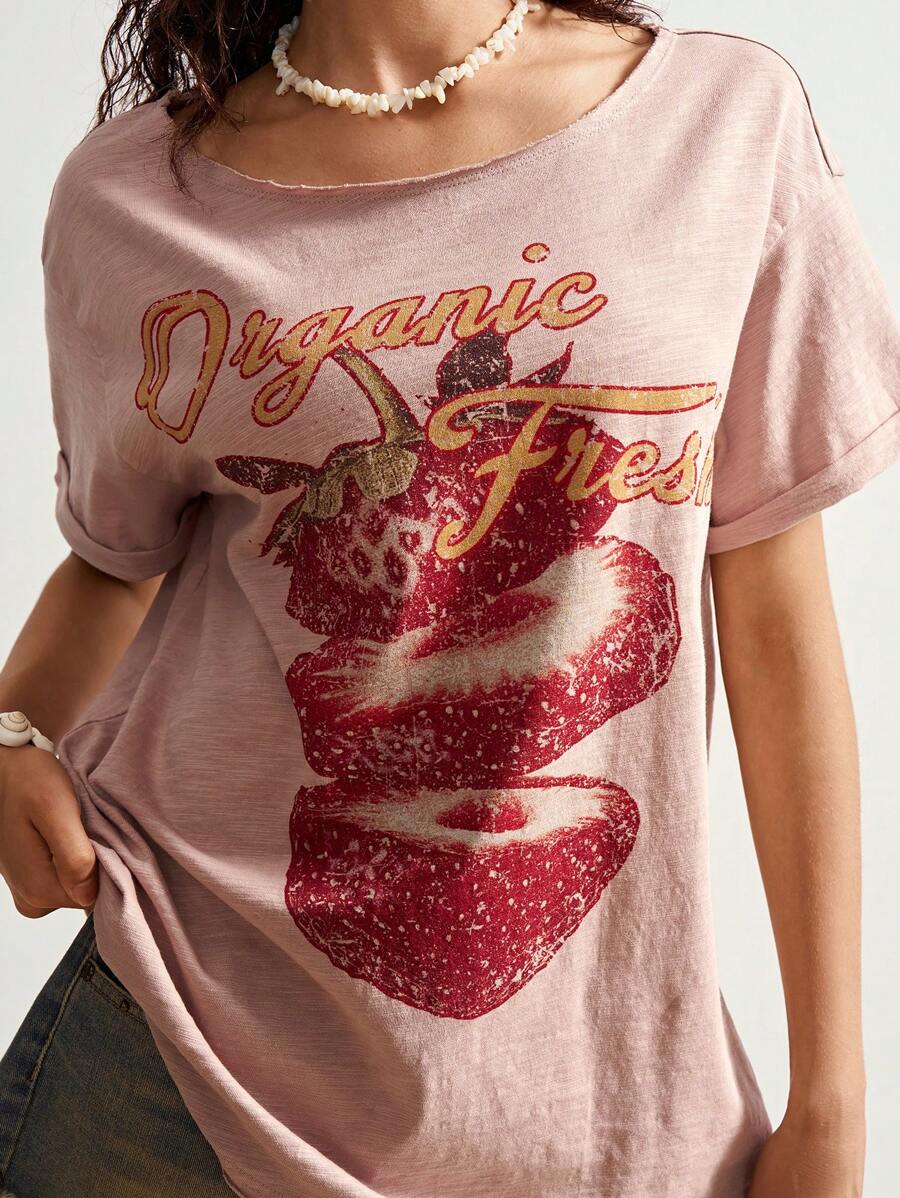 Bohemela 波西米亚风独立日休闲纯色针织圆领短袖宽松女式T恤 - 粉色 - 查看 1