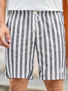 Manfinity VCAY Men Cotton Letter Patched Striped Drawstring Waist Shorts