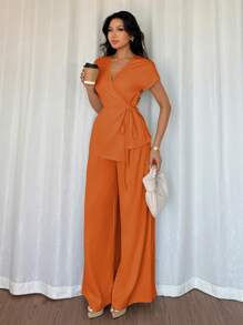 Elenzga Bộ 2 món áo cánh dơi tay ngắn boho thanh lịch dành cho nữ + quần ống rộng dáng rộng cho chuyến đi chơi mùa hè, hẹn hò, nghỉ dưỡng, màu mơ - trái cam - Xem 5