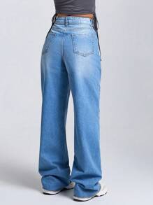 EURMUSE Gerade geschnittene, hochgeschnittene Jeans mit einfarbiger Schrägttasche, Lässig - Mittele Waschung - Übersicht 2