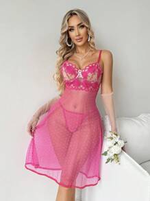 Spicy Aura Floral Hot Pink Mesh Lingerie Dress With Spaghetti Straps And Sheer Swiss Dot Design - Hot Pink - View 8