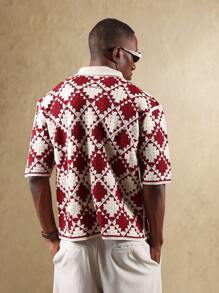 SUMWON 复古钩针 Polo 衫短袖针织上衣钻石图案复古学院风街头服饰 - 酒紅色 - 查看 2