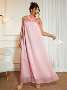 Cravure Plus Size Women's Solid Color 3D Floral Trim Adjustable Spaghetti Strap Flared Romantic Elegant Dress, Summer