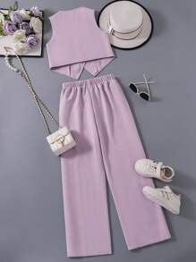 Tween Girl' Purple Casual Tank Top Set, Suitable For Outdoor & Various Occasions, Fashionable & Minimalist White Tower Design, Summer Two Piece Set - Purple - View 2