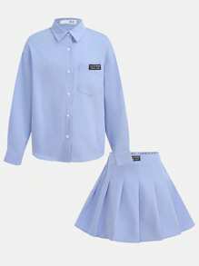 Tween Girl Casual Solid Color Polo Collar Crop Top & Pleated Skirt Co-Ord Set - Blue - View 11
