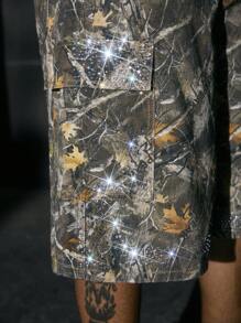 AXEPEAK 男士宽松钻石装饰迷彩工装短裤 - 軍綠色 - 查看 4