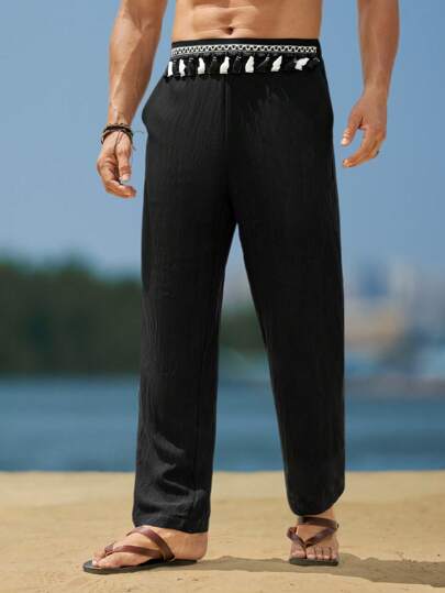 Genlund Men's Casual Tassel Waist Loose Straight Pants Japanese Pants Men Tassel Pants Men