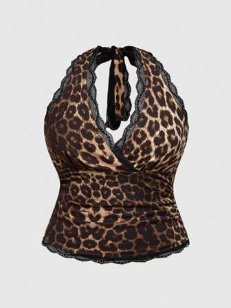 Grunge Punk Y2K Lace & Leopard Print Tie Neck Plus Size Blouse For Women