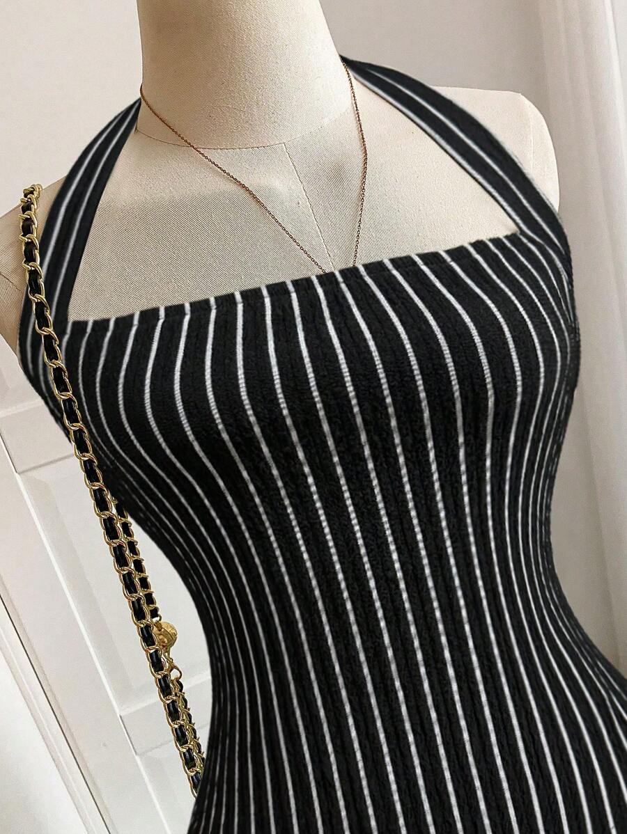 Cévolie Women's Summer Sleeveless Halter Striped Tank Top - Black and White - View 1