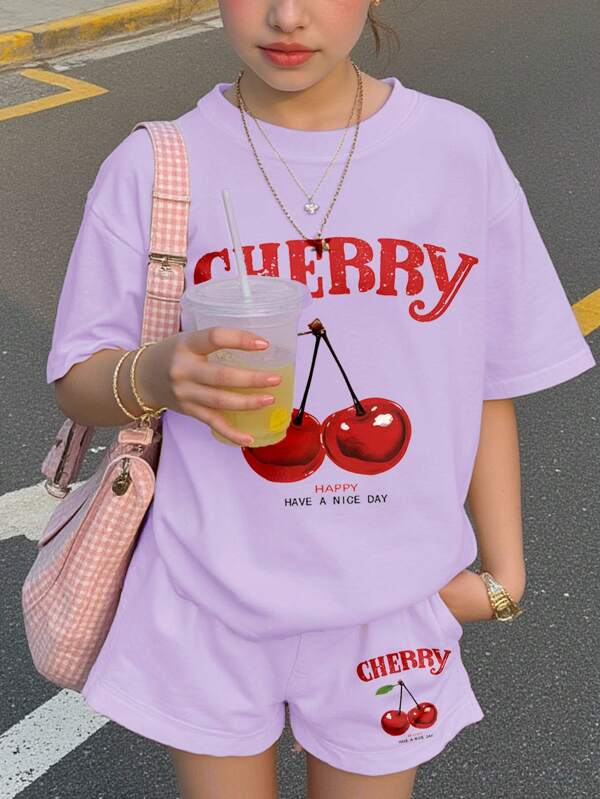 2pcs/Set Tween Girls Casual Minimalist Short Sleeve Top And Shorts Set, Summer