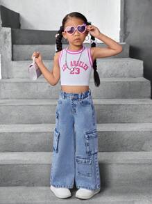 SHEIN 女童宽松工装口袋阔腿休闲牛仔裤 - 深色水洗藍 - 查看 4