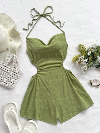 Soleia Women's Tie Neck Backless Jumpsuits With Ruched Waist, Loose Hem, Suitable For Vacation, Party, Afternoon Tea, Casual Wear Green