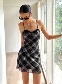 Rafferiza Women's Vintage Plaid Contrast Lace Slim Fit Short Strap Mini Dress, Summer