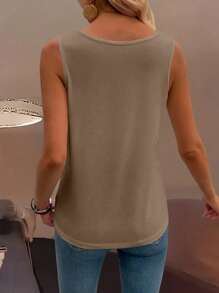 SHEIN LUNE 全新夏季女式宽肩带方领无袖宽松折扣背心 - 卡其色 - 查看 2