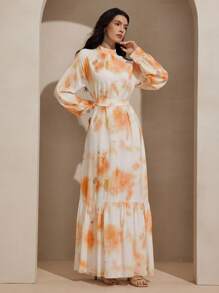 Graceveil Vestido midi de manga larga con cuello alto, cinturón y estampado digital para mujer