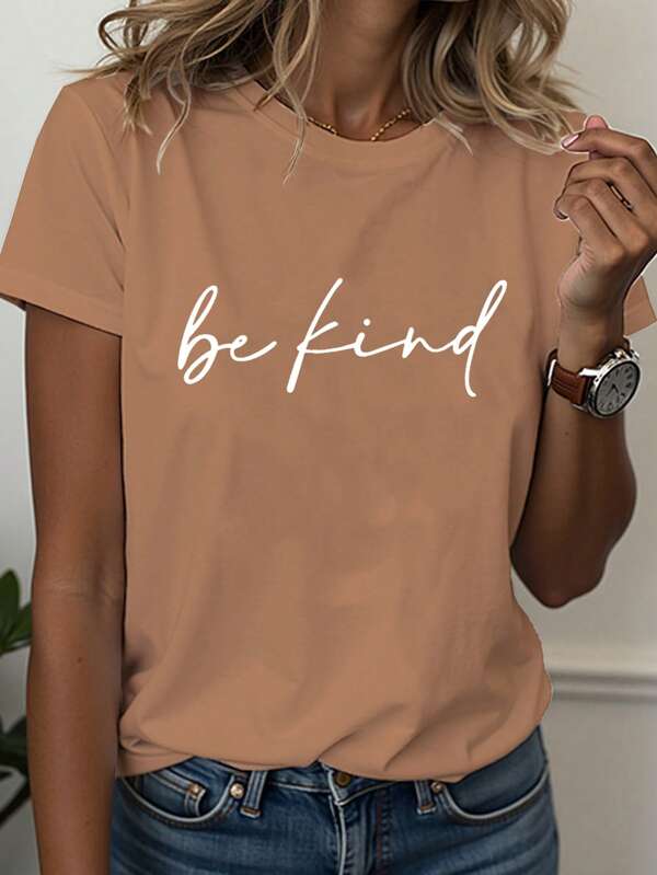 SHEIN LUNE Women's Casual Letter Print Round Neck Short Sleeve T-Shirt Graphic Tees Women Tops